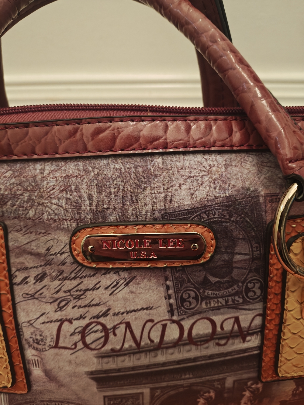 Nicole Lee London Print Dome Satchel - Maroon, Tan & Gold Accents - Picture 2 of 9